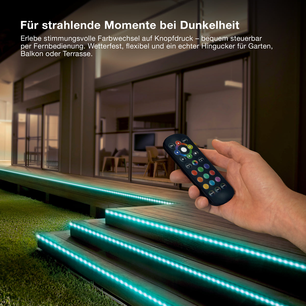 OSRAM Outdoor Flex RGB LED Streifen 15M IP65, inkl. Fernbedienung, bis 50 m erweiterbar, mit Kabeltrommel, Anschlusskabel, Zubehör