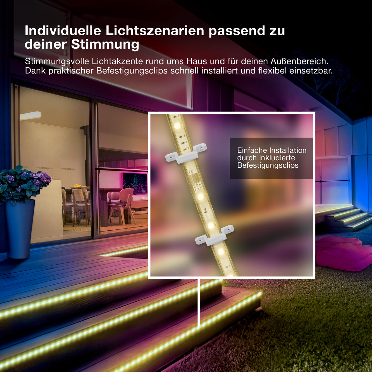 OSRAM Outdoor Flex RGB LED Streifen 10M IP65, inkl. Fernbedienung, bis 50 m erweiterbar, mit Kabeltrommel, Anschlusskabel, Zubehör