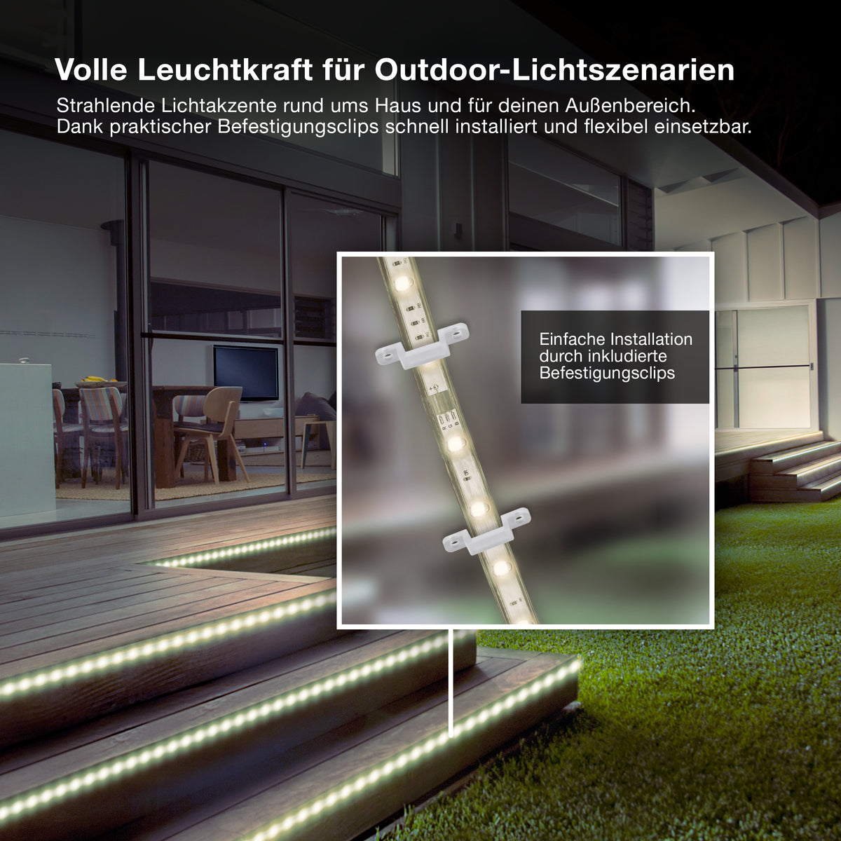 OSRAM Outdoor Flex LED Streifen 15M IP65, kaltweiß, bis 50 m erweiterbar, inkl. Kabeltrommel, Montagezubehör, Anschlusskabel