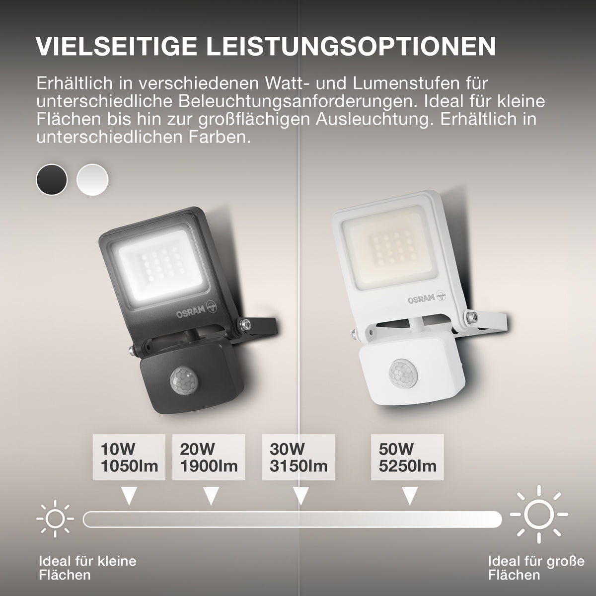 OSRAM ENDURA FLOOD PC 20W LED-Fluter mit Sensor, 4000K, 1800 Lumen, IP44 Flutlicht IR-Bewegungsmelder, Zeit/Lux einstellbar, Dunkelgrau