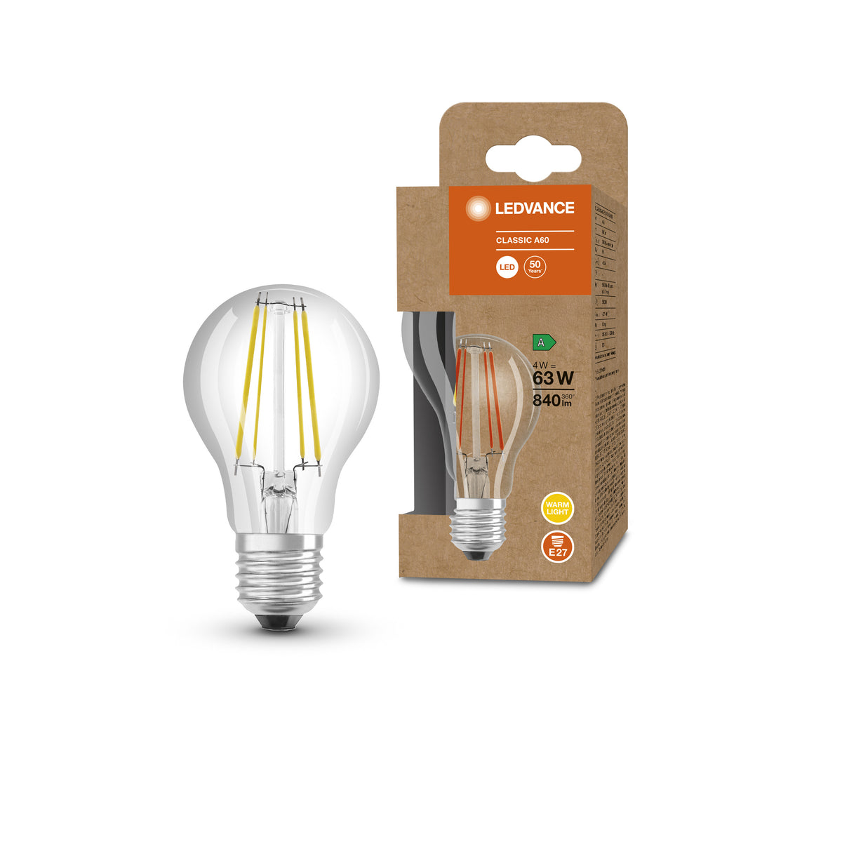 LEDVANCE LED CLASSIC A ENERGY EFFICIENCY A S in A-Form, LED-Lampe, Glas, Klar, 4 W, (ex 60 W), 840 lm, Warmweiß, 3000 K, Energieeffizienzklasse: A, 50000  h, CRI ≥80
