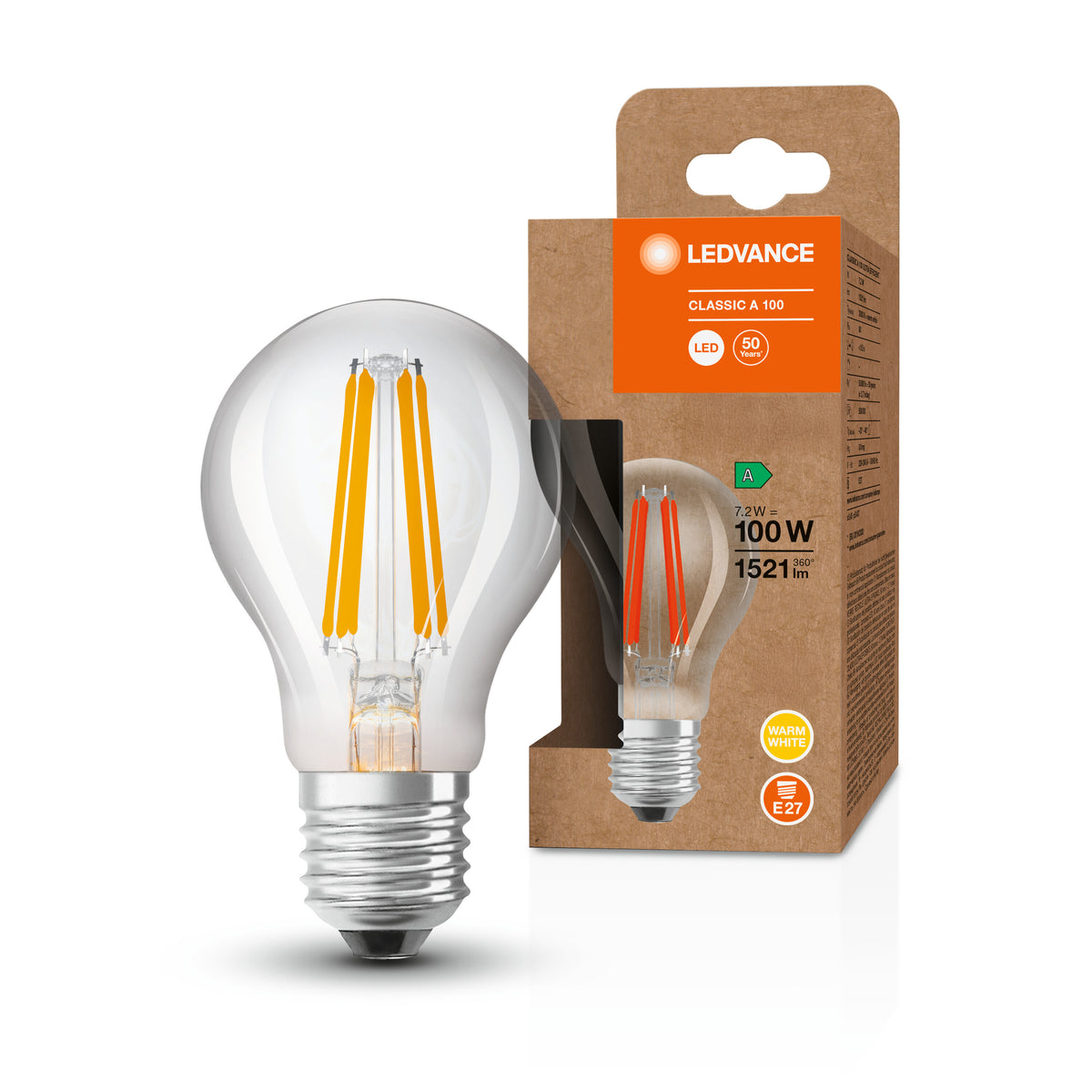 LEDVANCE LED CLASSIC A ENERGY EFFICIENCY A S , LED-Lampe, Bleifreies Glas, Klar, 7,2 W, (ex 100 W), 1521 lm, Warmweiß, 3000 K, Energieeffizienzklasse: A, 50000 h, CRI ≥80