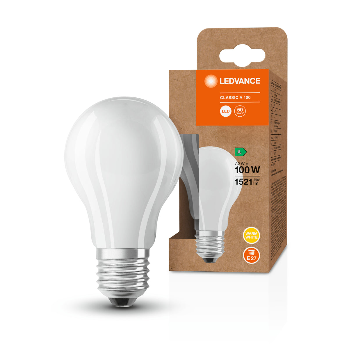 LEDVANCE LED CLASSIC A ENERGY EFFICIENCY A S , LED-Lampe, Bleifreies Glas, Matt, 7,2 W, (ex 100 W), 1521 lm, Warmweiß, 3000 K, Energieeffizienzklasse: A, 50000 h, CRI ≥80