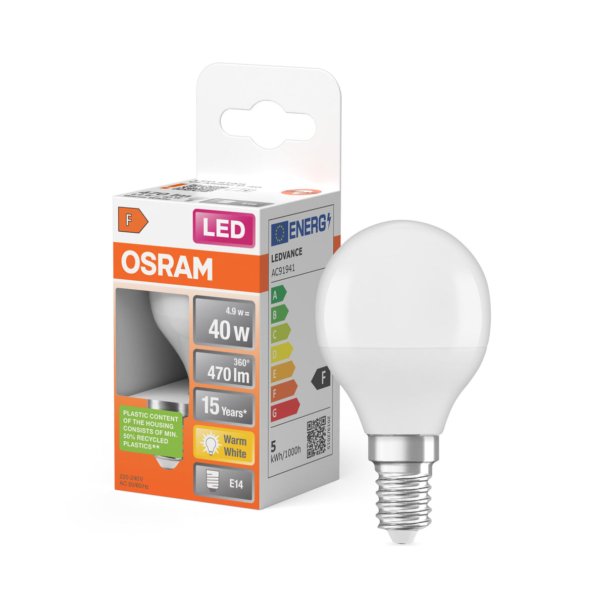 OSRAM LED PCR LAMP WITH CLASSIC P in P-Form, LED-Lampe, Matt, 4,9 W, (ex 40 W), 470 lm, Warmweiß, 2700 K, 15000 h, CRI 80