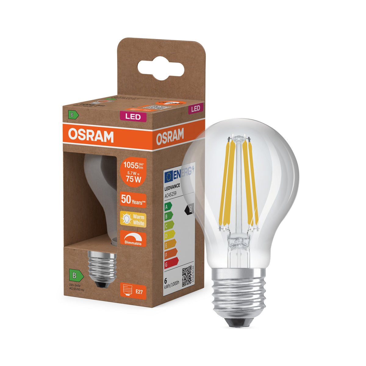OSRAM LED CLASSIC A ENERGY EFFICIENCY B DIM in A-Form, LED-Lampe, Bleifreies Glas, Klar, 5,7 W, (ex 75 W), 1055 lm, Warmweiß, 2700 K, Dimmbar, 50000 h, CRI 80