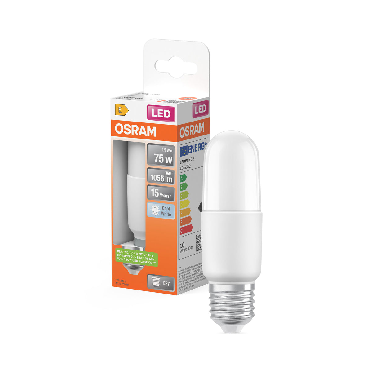OSRAM LED PCR CLASSIC STICK LAMP in Stick-Form, LED-Lampe, Matt, 9,5 W, (ex 75 W), 1055 lm, Kaltweiß, 4000 K, 15000 h, CRI 80