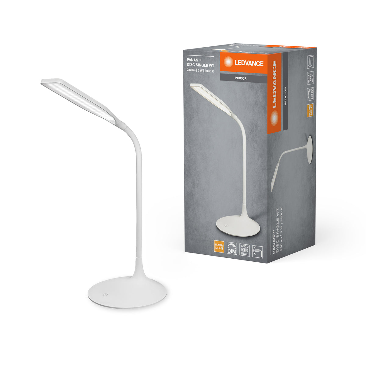 LEDVANCE Panan Disc LED Tischleuchte Weiß, Warmweiß 3000K, Akku-Betrieb, Dimmbar, Flexibler Hals, für Wohn- und Arbeitsbereiche
