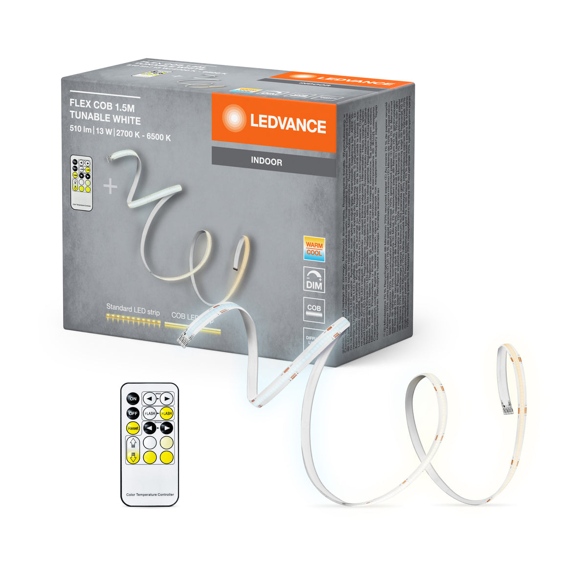 LEDVANCE FLEX COB 1. 5M LED-Streifen TW RC, gelb, 14W, 500lm, warm- bis kaltweiß steuerbar, COB-Technologie, homogene Lichtverteilung, mit Fernbedienung, lange Lebensdauer, einfache Montage, IP20