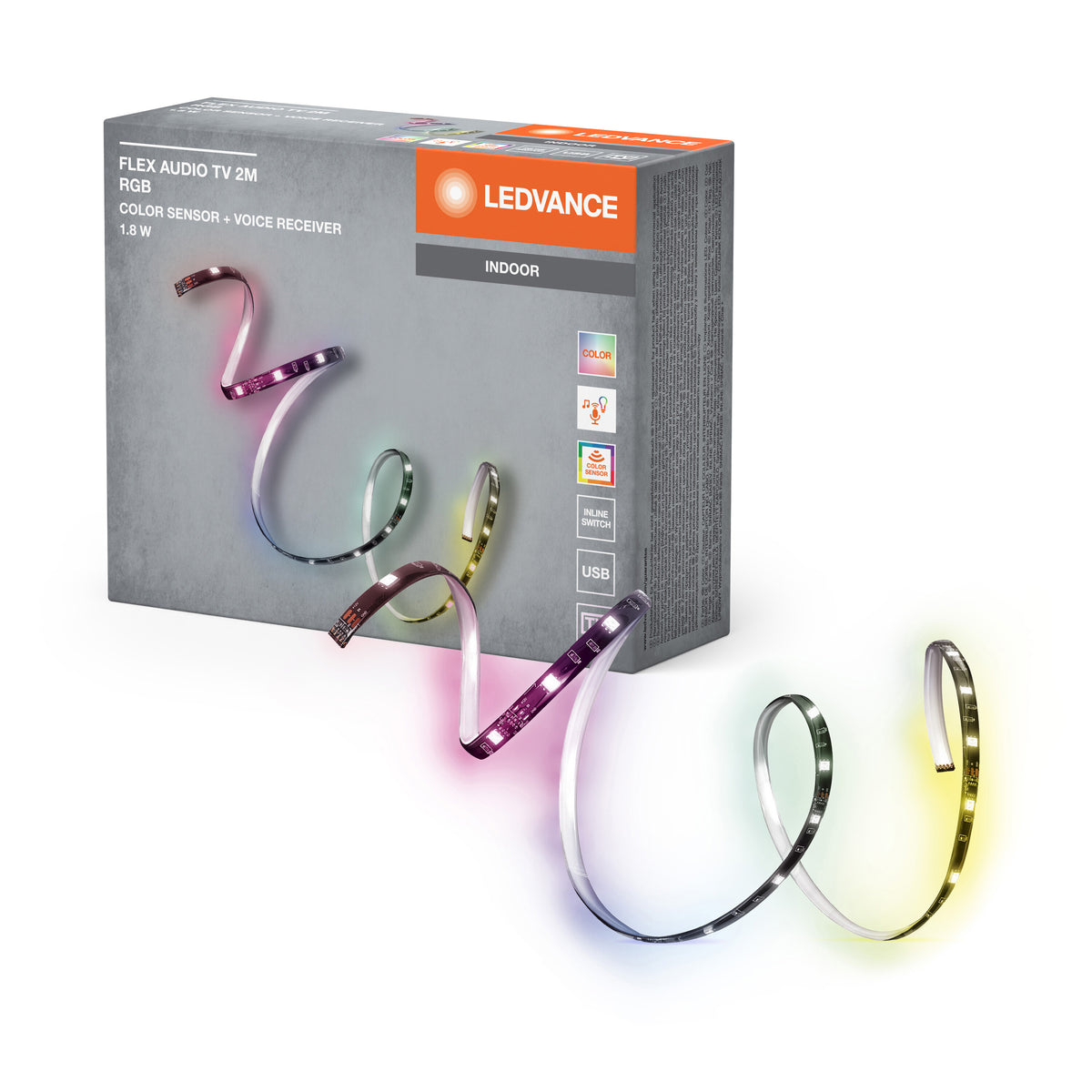 LEDVANCE FLEX AUDIOTV 2M RGB LED-Streifen, weiß, 3,7W, 50lm, integrierter Sound-Receiver, Farbsensor, lange Lebensdauer, einfache Montage, mit USB-Anschluss, selbstklebend, Schutzklasse IP20