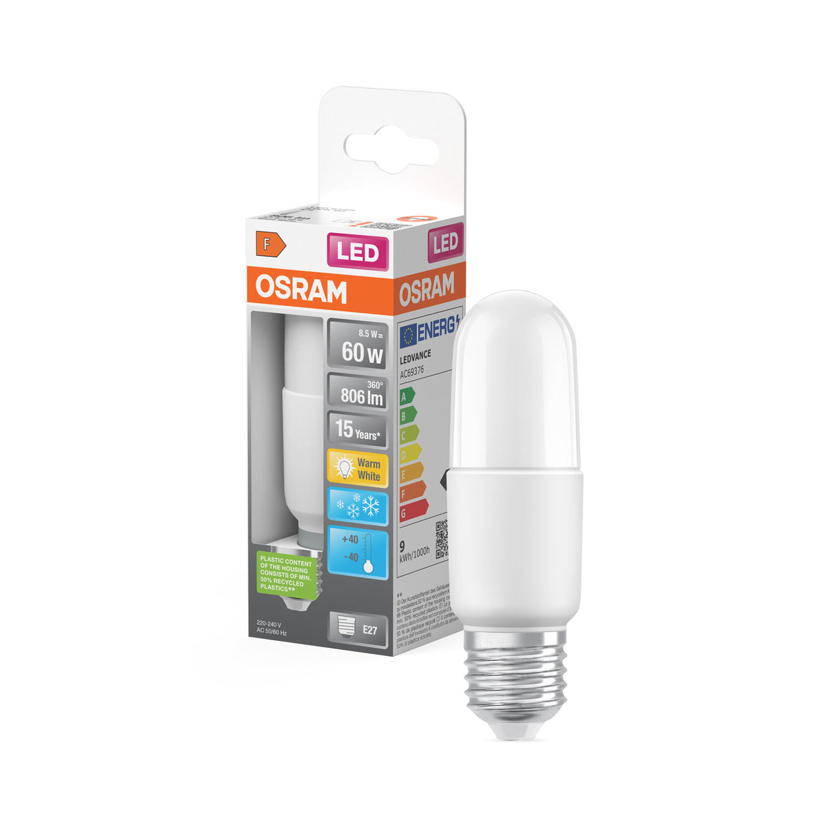 OSRAM LED PCR CLASSIC STICK LAMP in Stick-Form, LED-Lampe, Matt, 8,5 W, (ex 60 W), 806 lm, Warmweiß, 2700 K, 15000 h, CRI 80