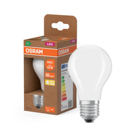OSRAM LED LAMPS ENERGY CLASS A ENERGY EFFICIENCY FILAMENT CLASSIC A in A-Form, LED-Lampe, Bleifreies Glas, Matt, 3,8 W, 806 lm, Warmweiß, Energieeffizienzklasse: A