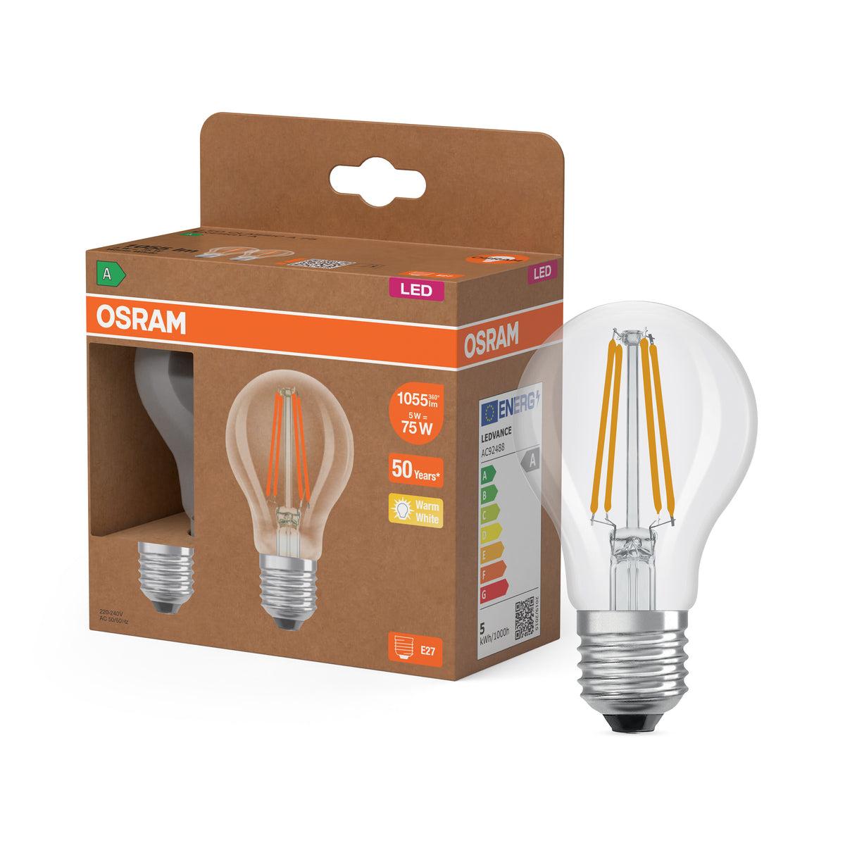 OSRAM LED LAMPS ENERGY CLASS A ENERGY EFFICIENCY FILAMENT CLASSIC A in A-Form, LED-Lampe, Bleifreies Glas, Klar, 5 W, 1055 lm, Warmweiß, Energieeffizienzklasse: A, 2er