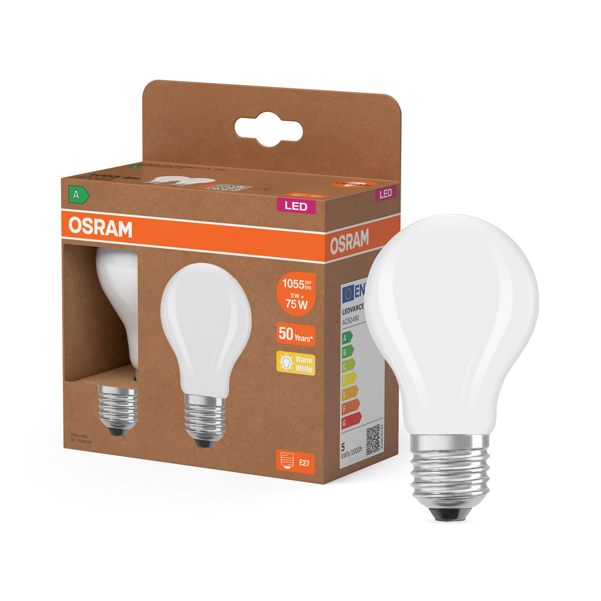 OSRAM LED LAMPS ENERGY CLASS A ENERGY EFFICIENCY FILAMENT CLASSIC A in A-Form, LED-Lampe, Bleifreies Glas, Matt, 5 W, 1055 lm, Warmweiß, Energieeffizienzklasse: A, 2er