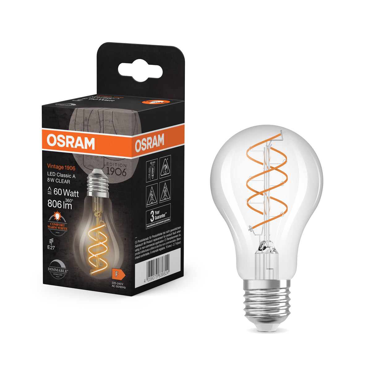 OSRAM Vintage 1906 Classic LED-Lampe Klar, 8W, 806lm, E27 , Comfort warm white-LEDVANCE Shop