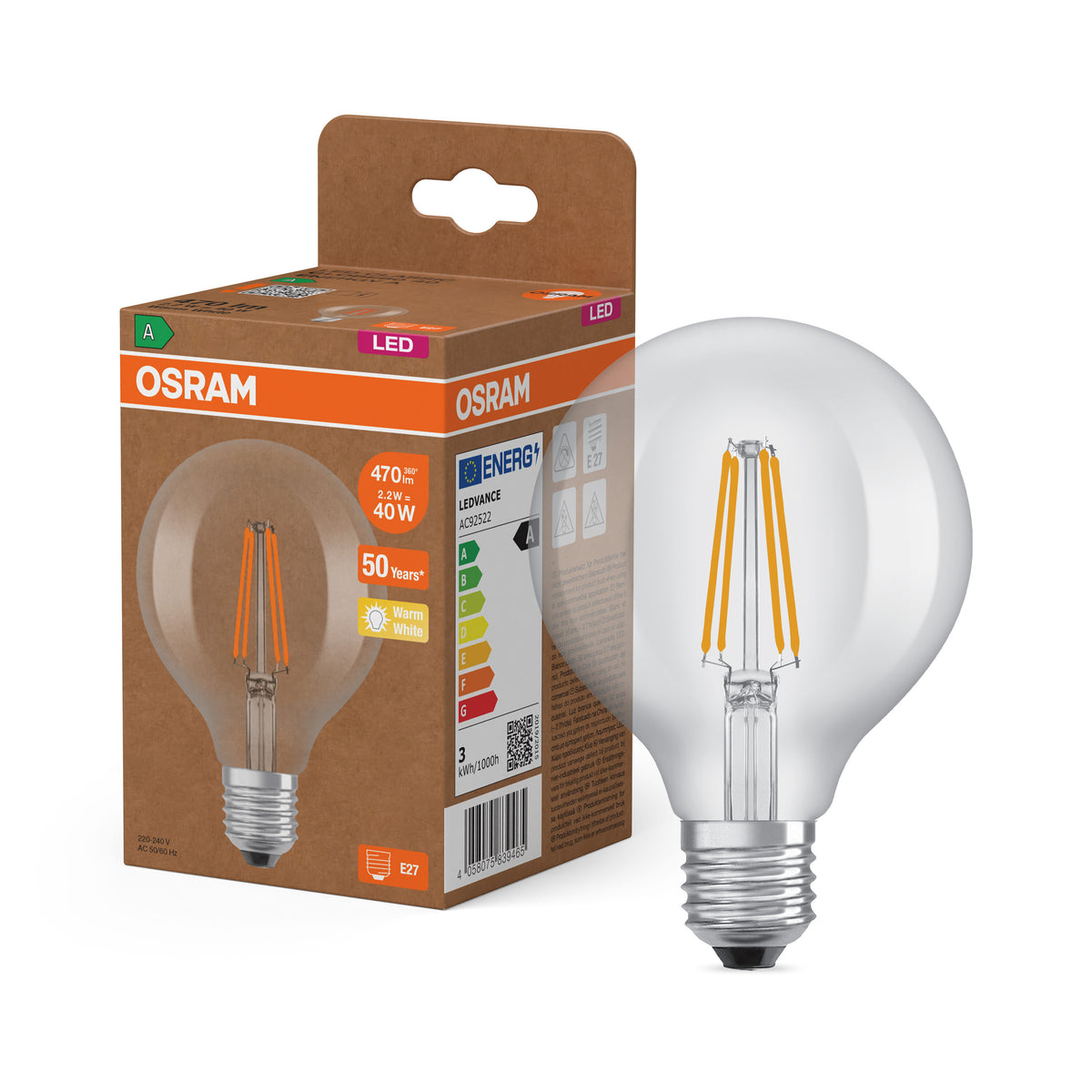 OSRAM LED LAMPS ENERGY CLASS A ENERGY EFFICIENCY FILAMENT CLASSIC Globe , LED-Lampe, Bleifreies Glas, Klar, 2,2 W, (ex 40 W), 470 lm, Warmweiß, Energieeffizienzklasse: A