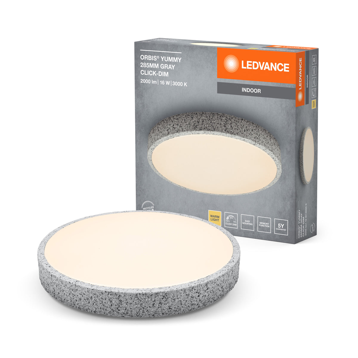 LEDVANCE ORBIS Yummy LED-Deckenleuchte mit Metallring, grau, 16W, 1000lm, 3000K, 285mm, 830 freundliches Warmweiß, durch Klicken dimmbar, IP20 Schutz, Montageschrauben und Dübel inklusive
