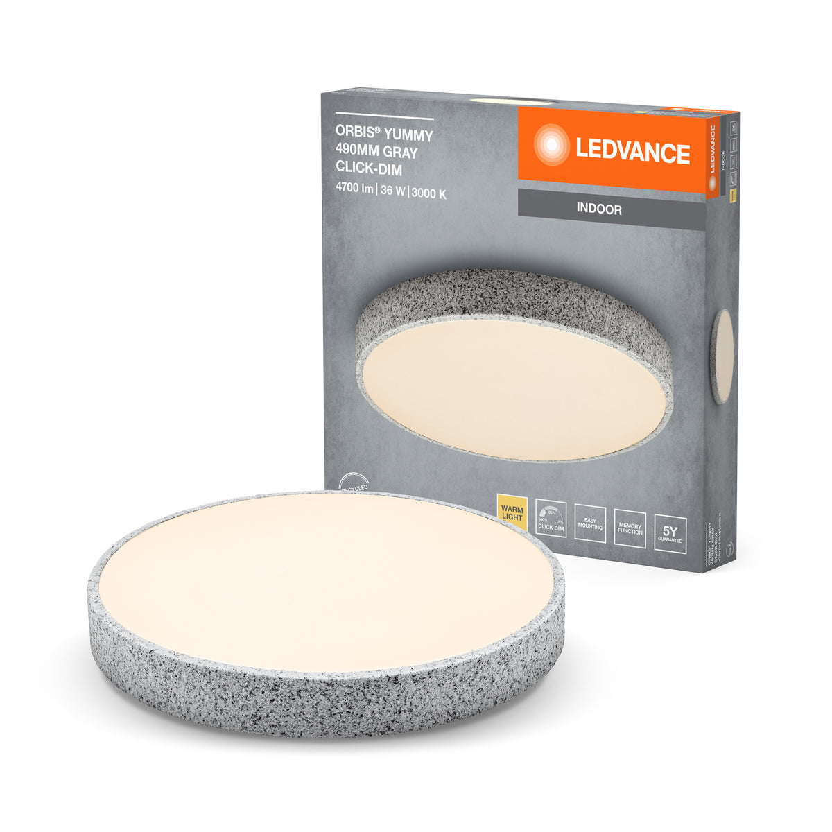LEDVANCE ORBIS Yummy LED-Deckenleuchte mit Metallring, grau, 36W, 2600lm, 3000K, 490mm, 830 freundliches Warmweiß, durch Klicken dimmbar, IP20 Schutz, Montageschrauben und Dübel inklusive
