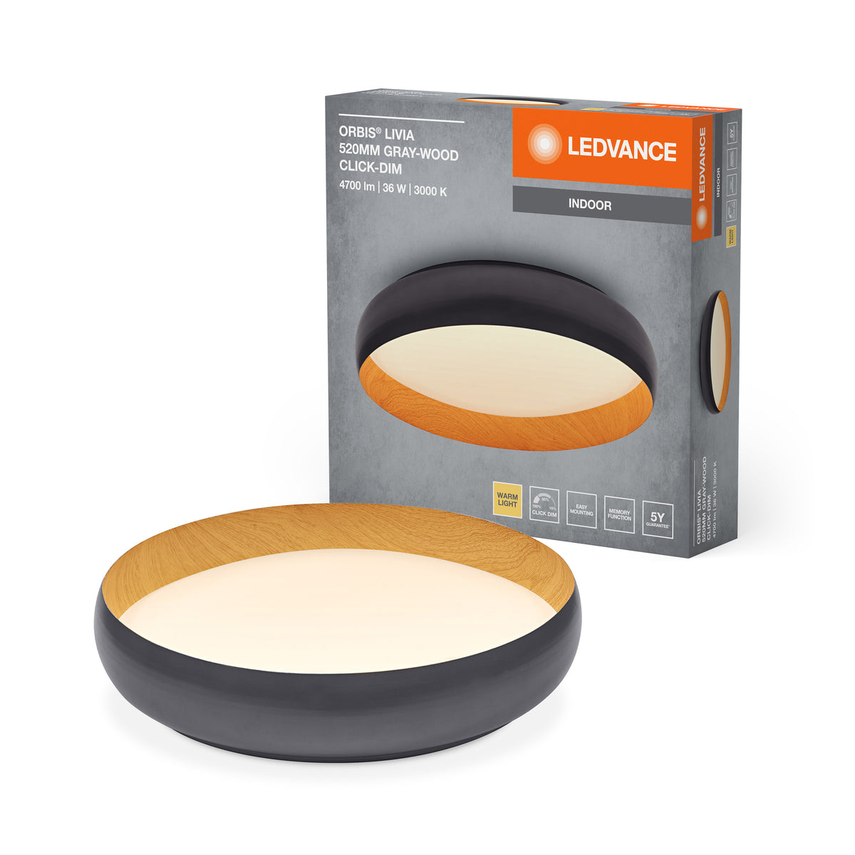 LEDVANCE ORBIS Livia LED-Deckenleuchte mit Metallring, grau/Holzdekor, 36W, 2000lm, 3000K, 520mm, 830 freundliches Warmweiß, durch Klicken in 3-Stufen dimmbar, IP20, Schrauben/Dübel inklusive
