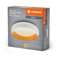 LEDVANCE ORBIS Livia LED-Deckenleuchte mit Metallring, weiß/Holzdekor, 16W, 750lm, 3000K, 300mm, 830 freundliches Warmweiß, durch Klicken in 3-Stufen dimmbar, IP20, Schrauben/Dübel inklusive