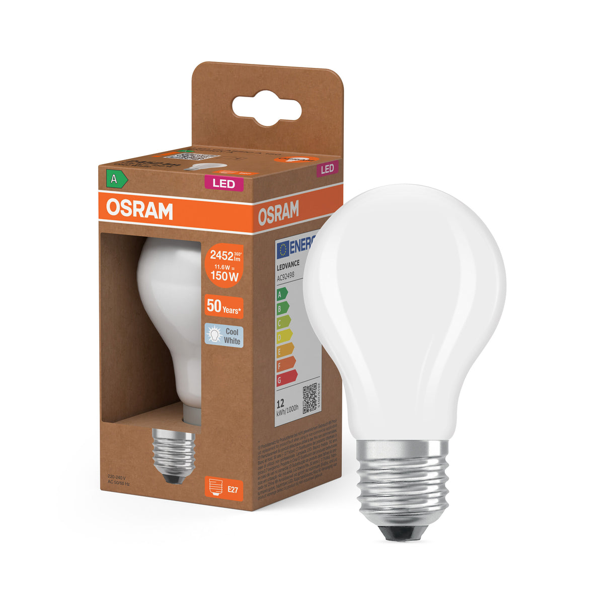 OSRAM LED LAMPS ENERGY CLASS A ENERGY EFFICIENCY FILAMENT CLASSIC A , LED-Lampe, Bleifreies Glas, Matt, 11,6 W, (ex 150 W), 2452 lm, Kaltweiß, Energieeffizienzklasse: A