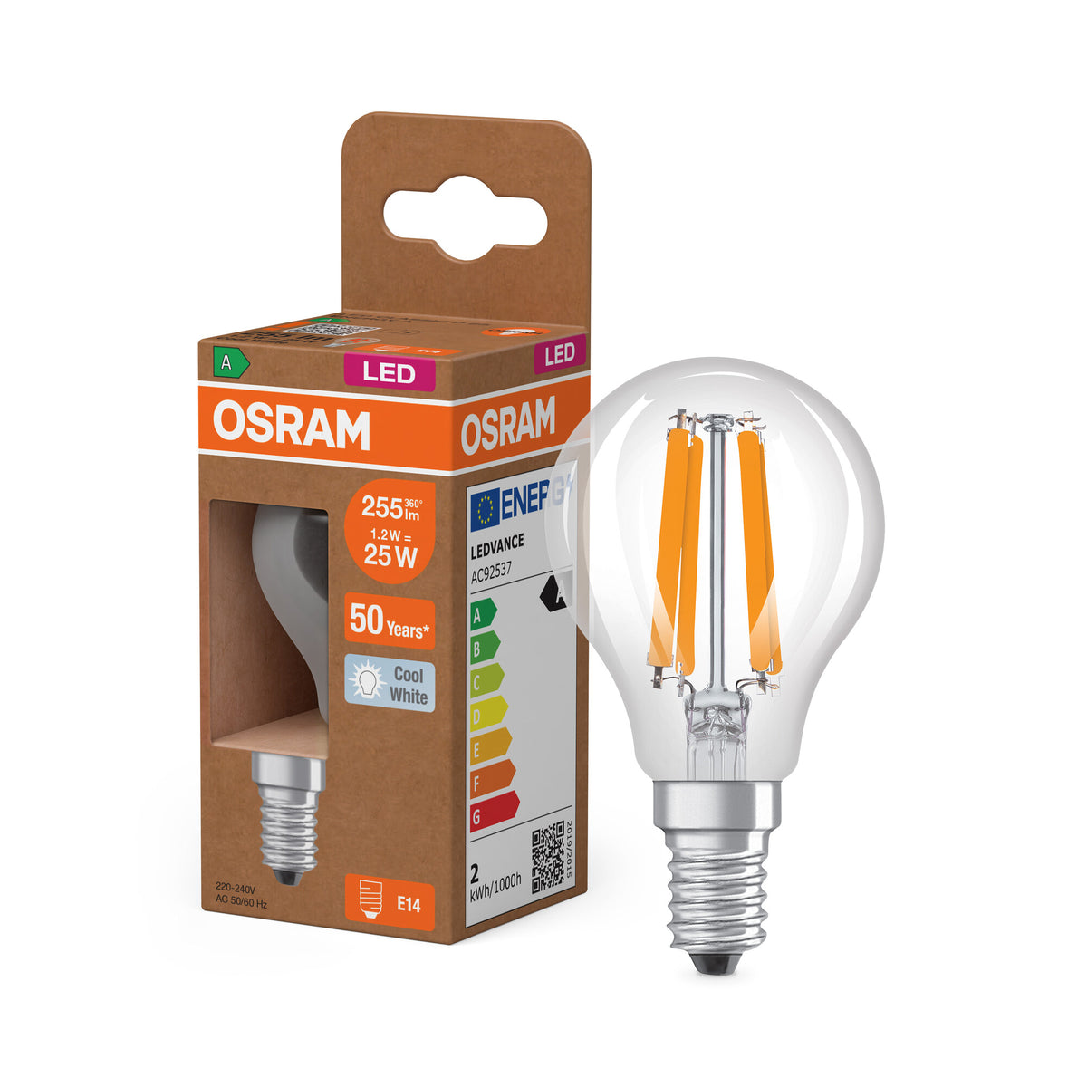 OSRAM LED CLASSIC P ENERGY EFFICIENCY A , LED-Lampe, Bleifreies Glas, Klar, 1,2 W, (ex 25 W), 255 lm, Kaltweiß, 4000 K, Energieeffizienzklasse: A, CRI 80