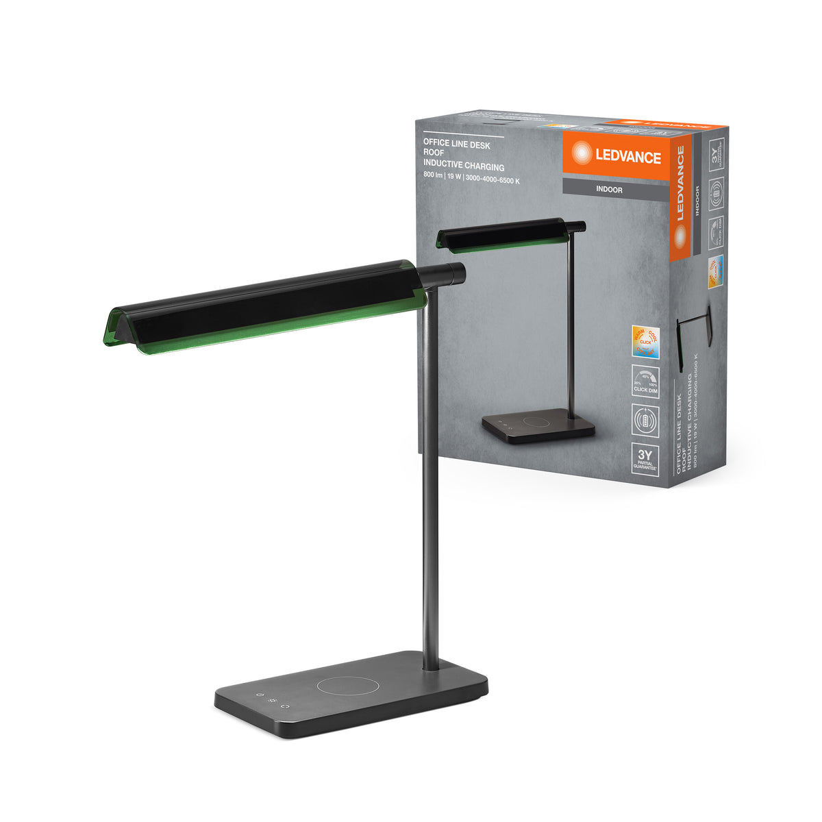 LEDVANCE Office Line Desk Roof Schreibtischleuchte mit induktivem Laden und 3-stufiger Dimm- und Farbtemperaturanpassungsfunktion in Schwarz aus Metall und Kunststoff, IP20-Schutz, für Home Office