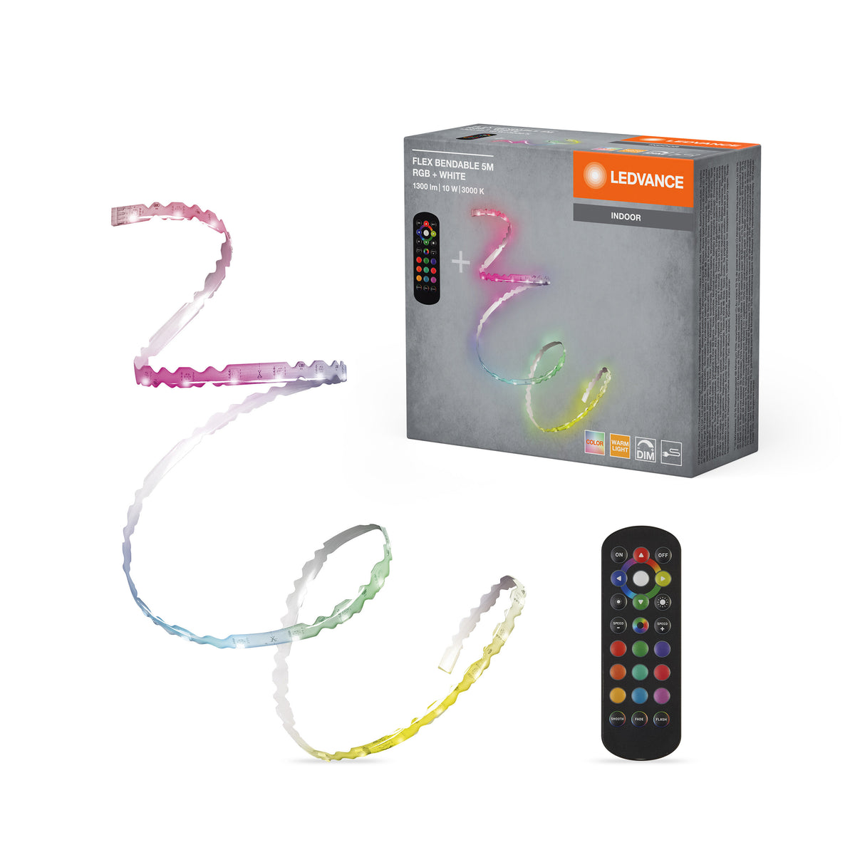 LEDVANCE Flex Bendable RGBW LED Streifen 5M, inkl. Fernbedienung, selbstklebend, dimmbar, mit Batterie und Montagezubehör