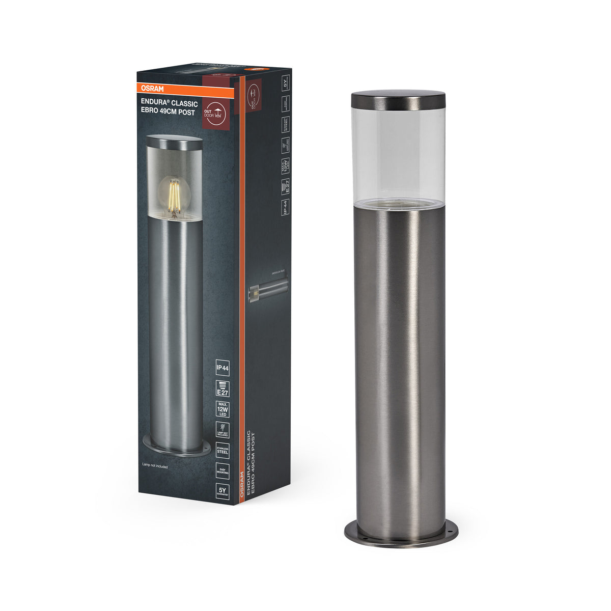 OSRAM ENDURA CLASSIC EBRO Außenleuchte, Wegeleuchte, 49 cm, Edelstahl, einfache & schnelle Installation, IP44 Schutzklasse