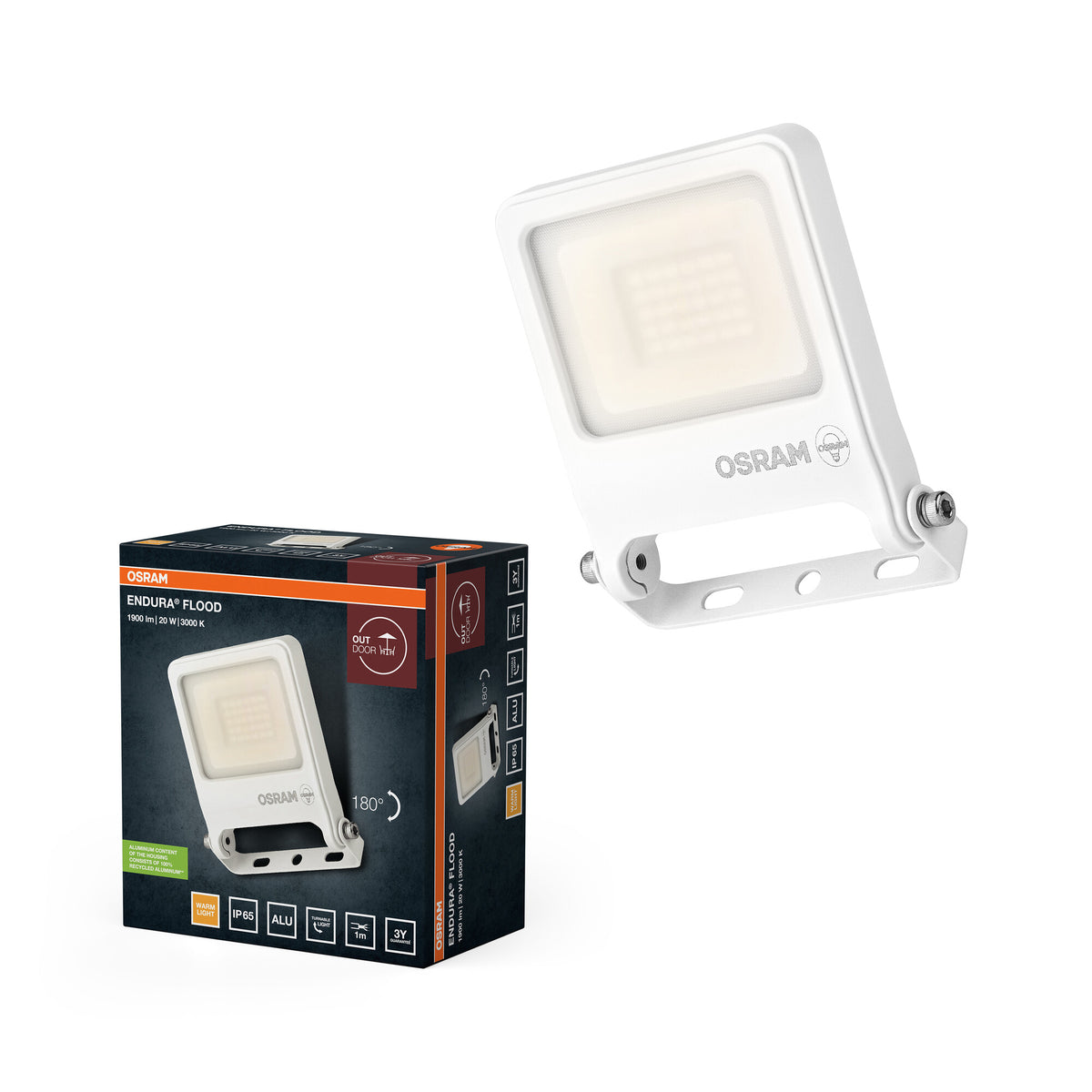 OSRAM ENDURA FLOOD PC 20W LED-Fluter, 3000K warmweiß, 1800 Lumen, IP65 Flutlicht in Weiß, Schwenkbügel 180°, Weiß