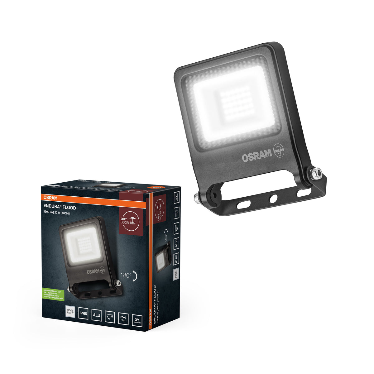 OSRAM ENDURA FLOOD PC 20W LED-Fluter, 4000K kaltweiß, 1800 Lumen, IP65 Flutlicht für Außenbereiche, 110° Abstrahlwinkel