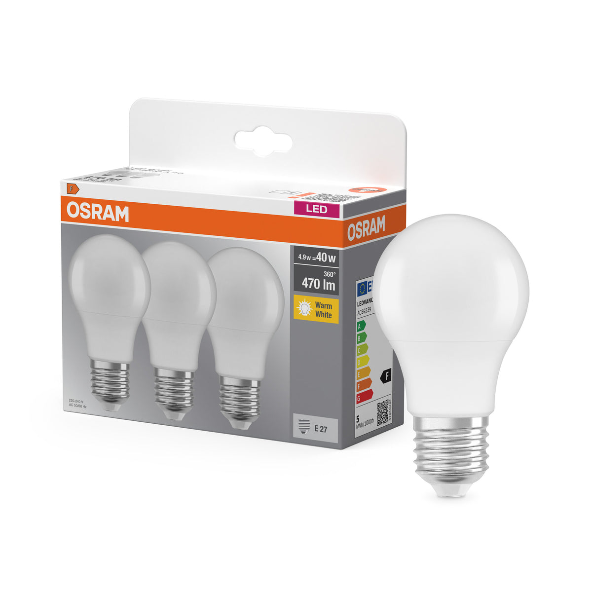 OSRAM LED Lampe Basis Classic A 4,9W 827 Matt E27, 3er Pack