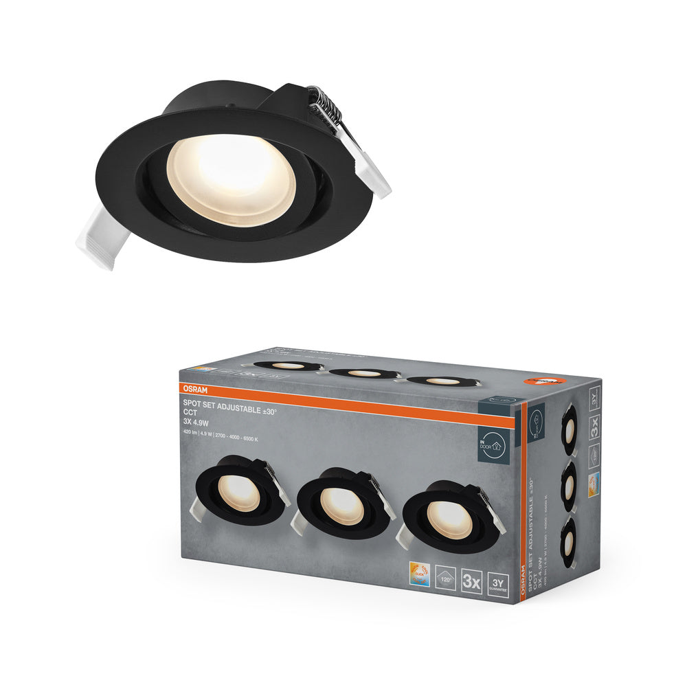 OSRAM LED Spot Recess Einbaustrahler Set CCT schwenkbar 4.9W 120° Schwarz ⌀75 mm
