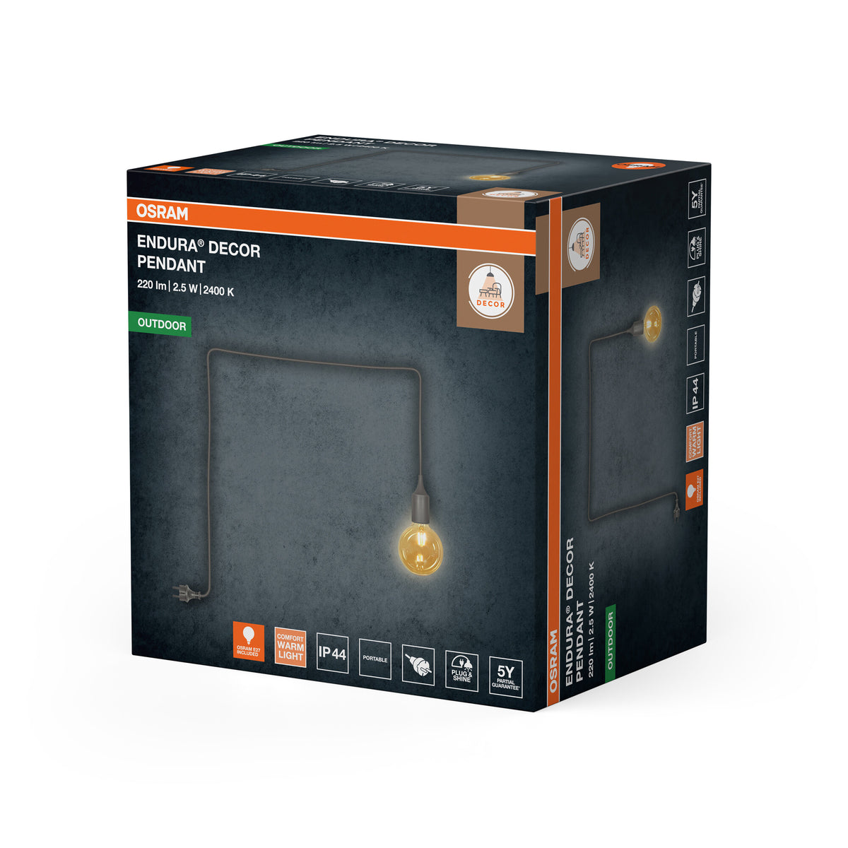 OSRAM Außenpendelleuchte Grau, 4,5 cm ⌀, 5 m Kabellänge, E27