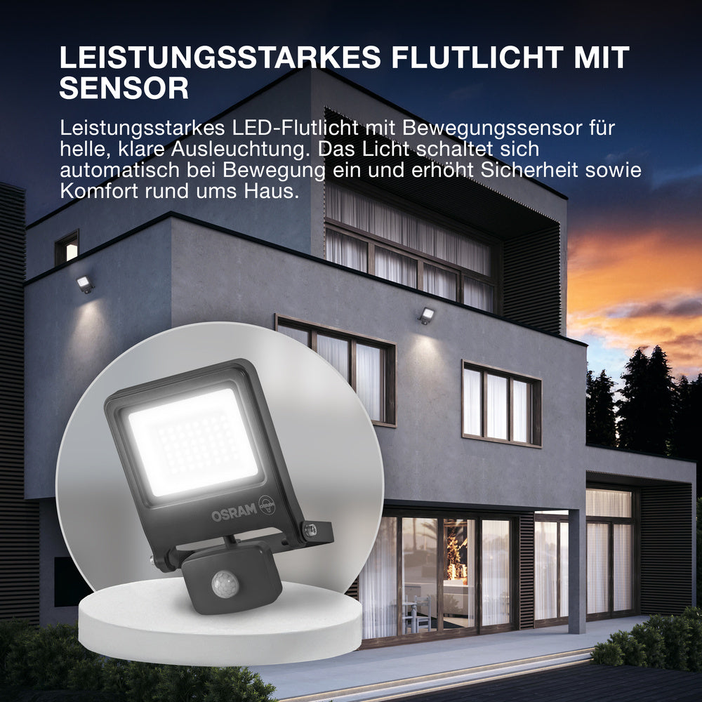 OSRAM ENDURA FLOOD PC 20W LED-Fluter mit Sensor, 4000K, 1800 Lumen, IP44 Flutlicht IR-Bewegungsmelder, Zeit/Lux einstellbar, Dunkelgrau