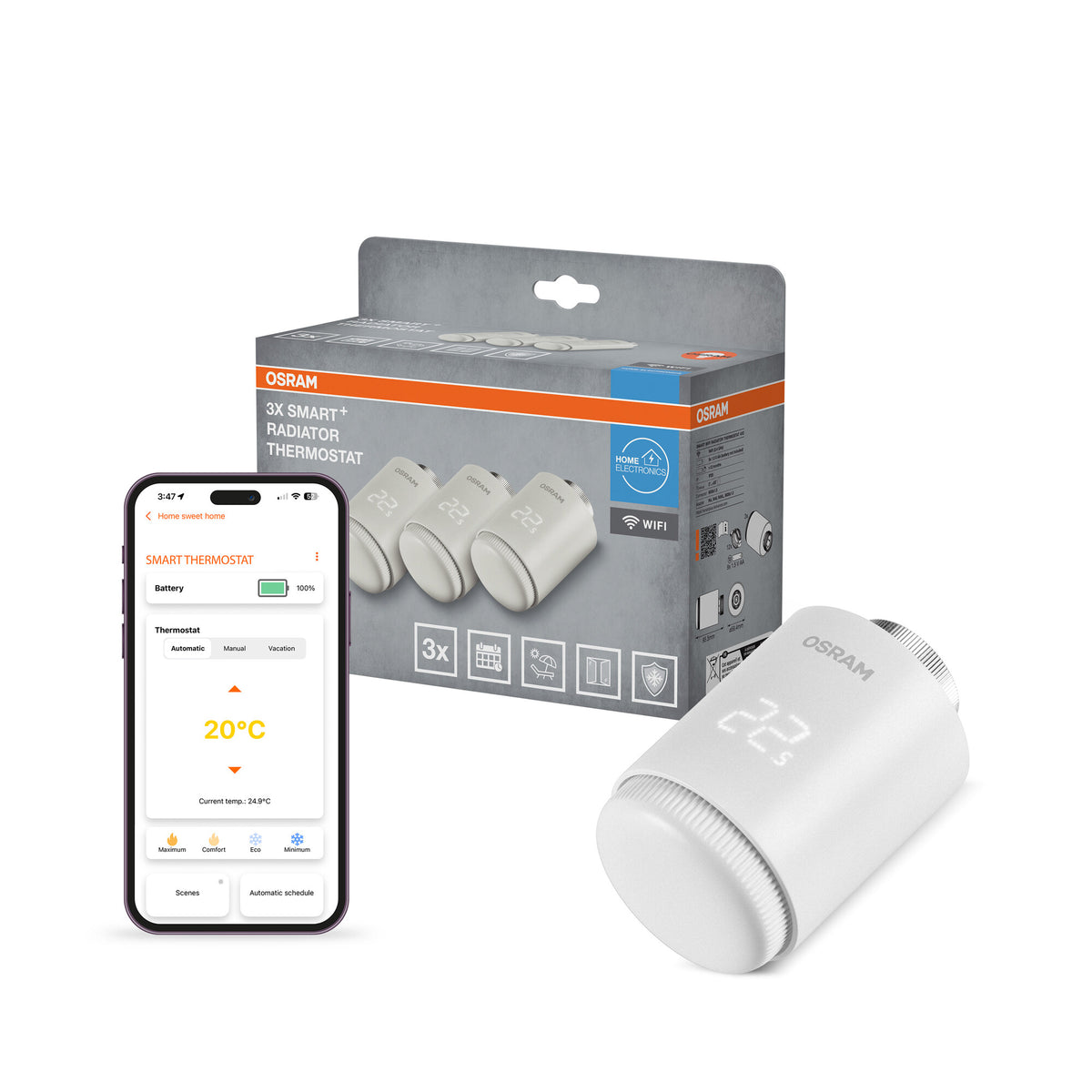 OSRAM SMART+ WIFI smarter Heizungsthermostat, 4.5V, Weiß, 3er Pack, 2. Generation