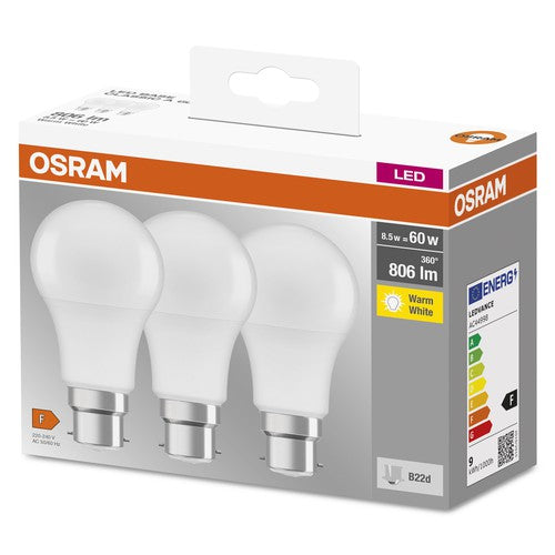 OSRAM BASE CLA60 8,5W/827 230VFR B22D FS3, Warmweiß, 3er Pack-Leuchtmittel-LEDVANCE Shop